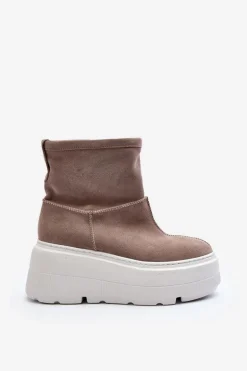 Skórzane Damskie Botki Na Masywnej Podeszwie Beżowe Zazoo 3424