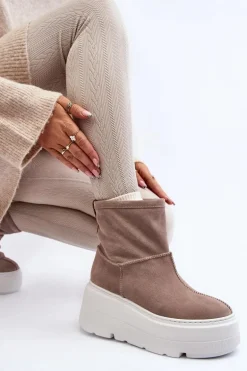 Skórzane Damskie Botki Na Masywnej Podeszwie Beżowe Zazoo 3424