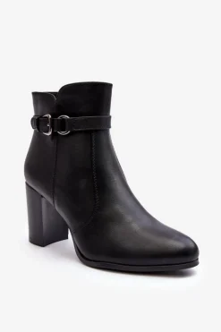 Skórzane Damskie Botki Na Słupku Z Klamrą Czarne Lasima