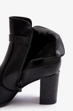 Skórzane Damskie Botki Na Słupku Z Klamrą Czarne Lasima