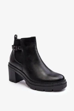 Skórzane Damskie Botki Na Masywnym Słupku Czarne Belinda