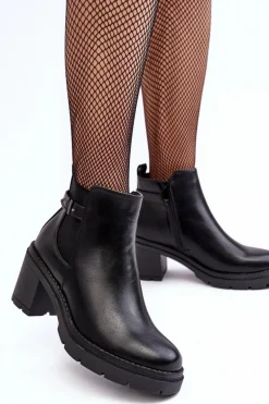 Skórzane Damskie Botki Na Masywnym Słupku Czarne Belinda