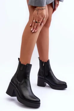 Skórzane Damskie Botki Na Obcasie Czarne Lemar Kodra