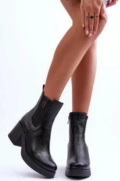 Skórzane Damskie Botki Na Obcasie Czarne Lemar Kodra
