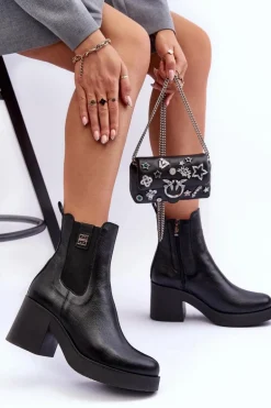 Skórzane Damskie Botki Na Obcasie Czarne Lemar Kodra