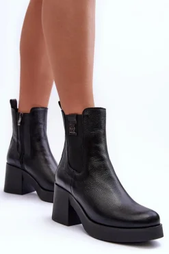 Skórzane Damskie Botki Na Obcasie Czarne Lemar Kodra