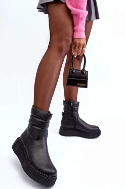 Skórzane Damskie Botki Na Platformie Czarne Lemar Suam