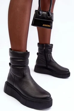 Skórzane Damskie Botki Na Platformie Czarne Lemar Suam
