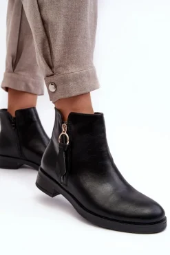 Skórzane Damskie Botki Płaskie Czarne Vasica