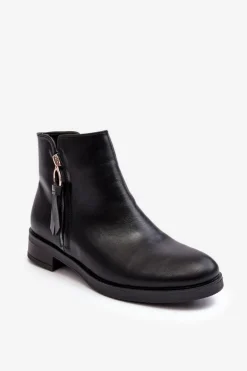 Skórzane Damskie Botki Płaskie Czarne Vasica