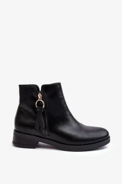 Skórzane Damskie Botki Płaskie Czarne Vasica