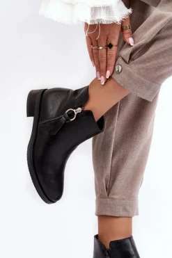 Skórzane Damskie Botki Płaskie Czarne Vasica