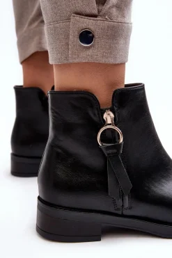 Skórzane Damskie Botki Płaskie Czarne Vasica