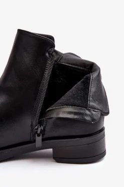Skórzane Damskie Botki Płaskie Czarne Vasica