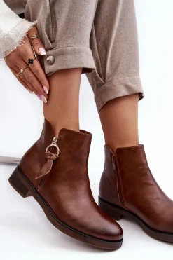 Skórzane Damskie Botki Płaskie Brązowe Vasica