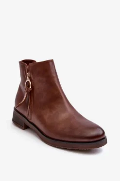 Skórzane Damskie Botki Płaskie Brązowe Vasica