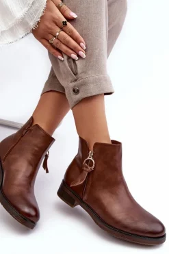 Skórzane Damskie Botki Płaskie Brązowe Vasica