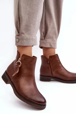 Skórzane Damskie Botki Płaskie Brązowe Vasica