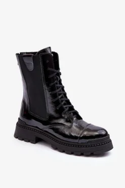 Skórzane Damskie Botki Workery Sznurowane Czarne Nicole 2836