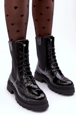 Skórzane Damskie Botki Workery Sznurowane Czarne Nicole 2836