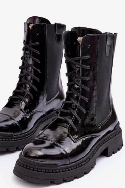 Skórzane Damskie Botki Workery Sznurowane Czarne Nicole 2836