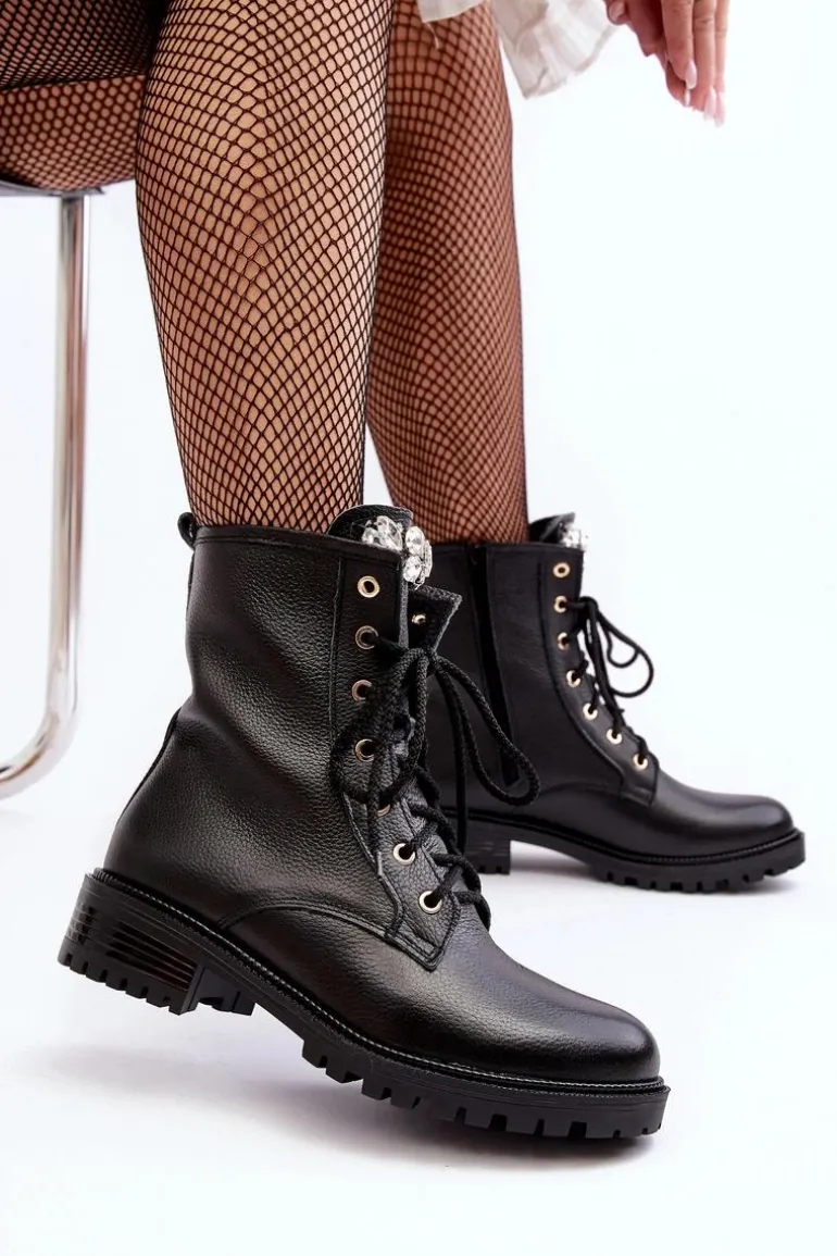 Skórzane Damskie Botki Workery Z Ozdobą Zazoo 1757 Czarne