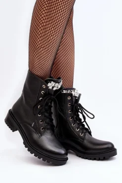 Skórzane Damskie Botki Workery Z Ozdobą Zazoo 1757 Czarne