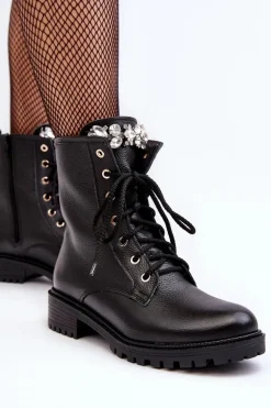 Skórzane Damskie Botki Workery Z Ozdobą Zazoo 1757 Czarne