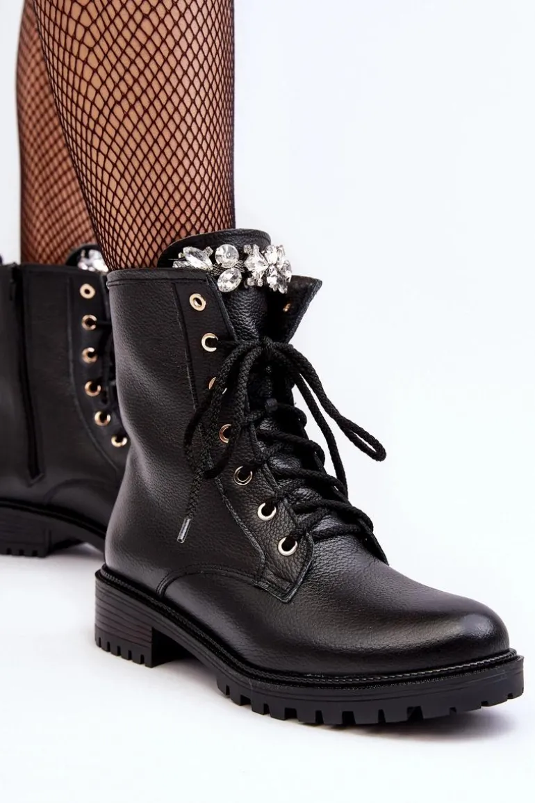 Skórzane Damskie Botki Workery Z Ozdobą Zazoo 1757 Czarne