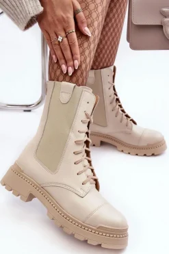 Skórzane Damskie Botki Workery Sznurowane Jasnobeżowe Nicole 2836