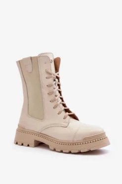 Skórzane Damskie Botki Workery Sznurowane Jasnobeżowe Nicole 2836