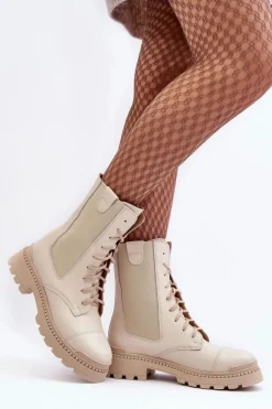 Skórzane Damskie Botki Workery Sznurowane Jasnobeżowe Nicole 2836