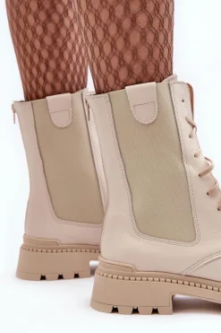 Skórzane Damskie Botki Workery Sznurowane Jasnobeżowe Nicole 2836