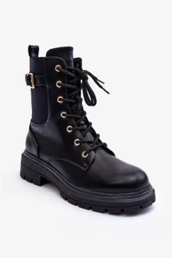 Skórzane Damskie Botki Workery Czarne Chrezy