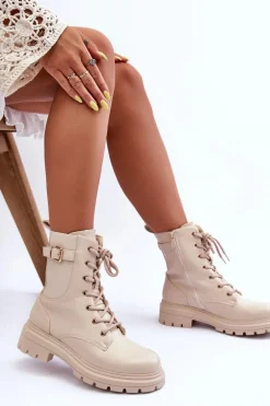 Skórzane Damskie Botki Workery Beżowe Chrezy