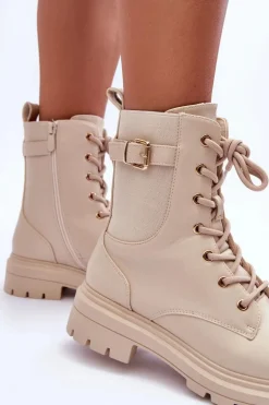 Skórzane Damskie Botki Workery Beżowe Chrezy