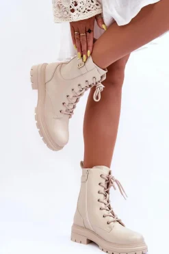 Skórzane Damskie Botki Workery Beżowe Chrezy