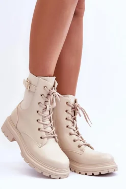 Skórzane Damskie Botki Workery Beżowe Chrezy