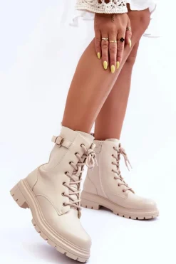 Skórzane Damskie Botki Workery Beżowe Chrezy