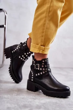 Skórzane Damskie Botki Z Ozdobnymi Ćwiekami Czarne Sanchez