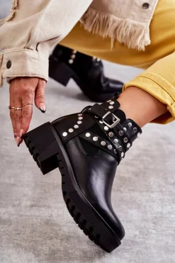 Skórzane Damskie Botki Z Ozdobnymi Ćwiekami Czarne Sanchez