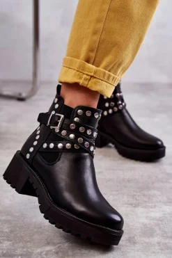 Skórzane Damskie Botki Z Ozdobnymi Ćwiekami Czarne Sanchez