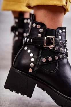 Skórzane Damskie Botki Z Ozdobnymi Ćwiekami Czarne Sanchez