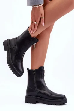 Skórzane Damskie Botki Z Suwakiem Czarne Chlorike