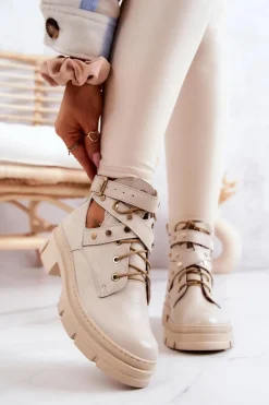 Skórzane Damskie Botki Z Wycięciami Jasnobeżowe Everly