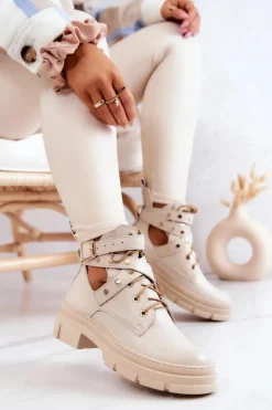 Skórzane Damskie Botki Z Wycięciami Jasnobeżowe Everly