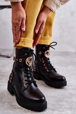 Skórzane Damskie Botki Z Ćwiekami Czarne Leticia