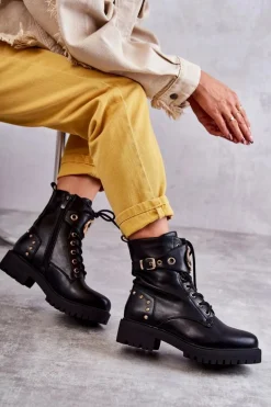 Skórzane Damskie Botki Z Ćwiekami Czarne Leticia