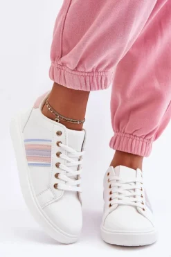 Skórzane Damskie Buty Sportowe Biało-Różowe Rilee