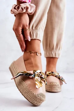 Skórzane Damskie Espadryle Z Łańcuchem Beżowe Fancy